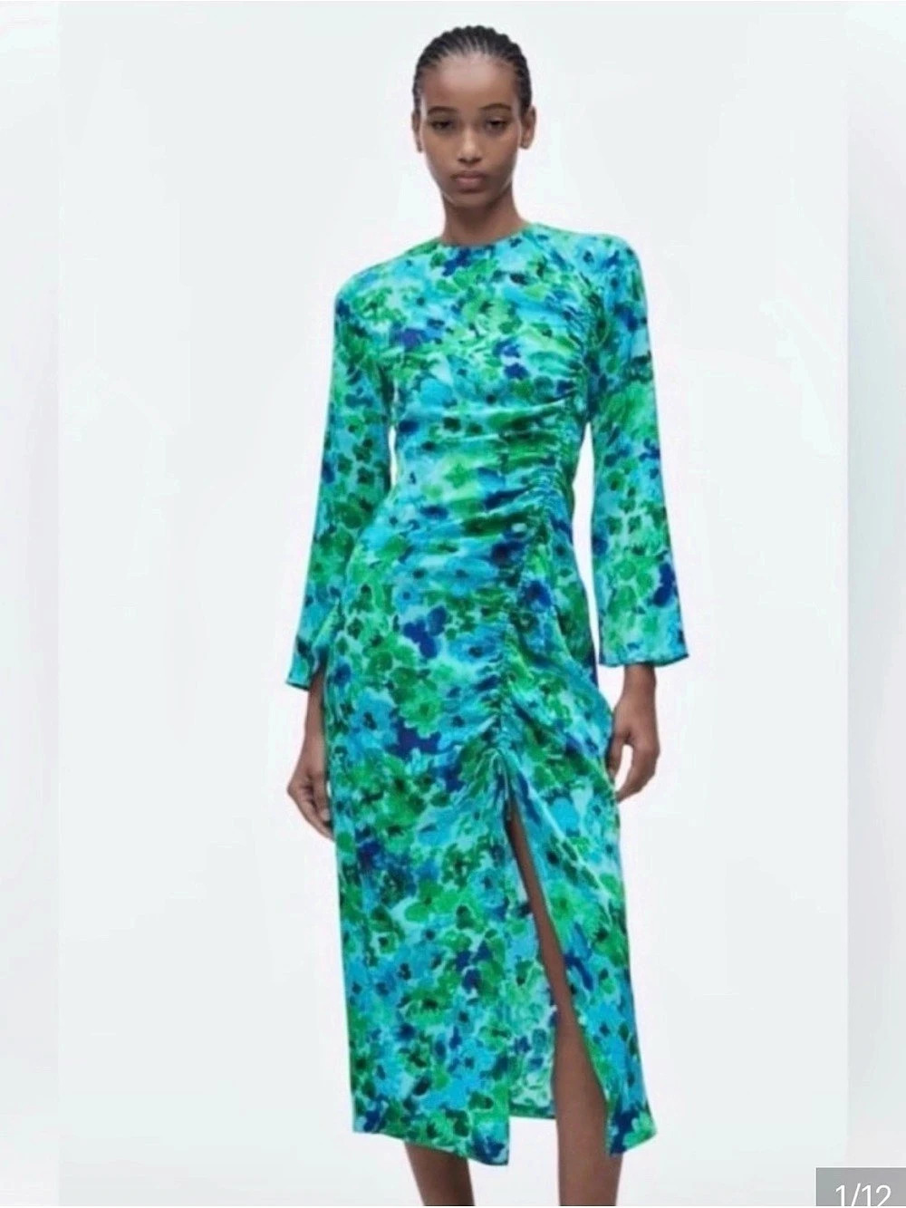 Zara Green Blue Floral Satin Effect Midi Dress Like New